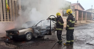 Carro fica destruído ao pegar fogo enquanto motorista dirigia, em Luziânia