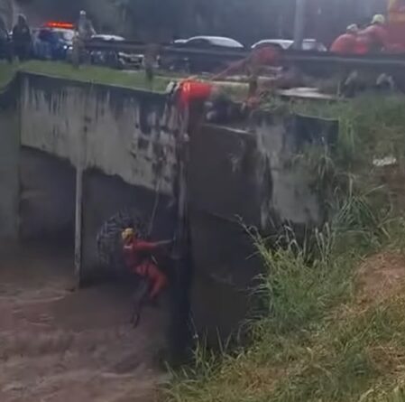 Bombeiros resgatam homem durante alagamento em Goiânia