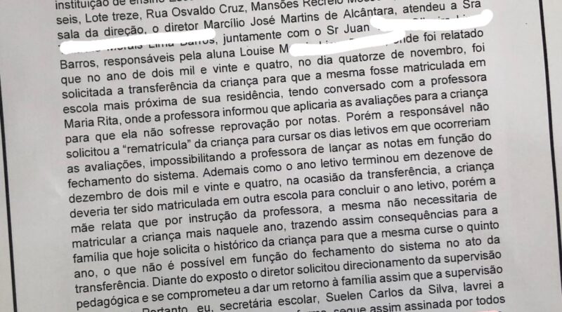 Família denuncia falha administrativa que pode obrigar estudante a refazer o ano letivo